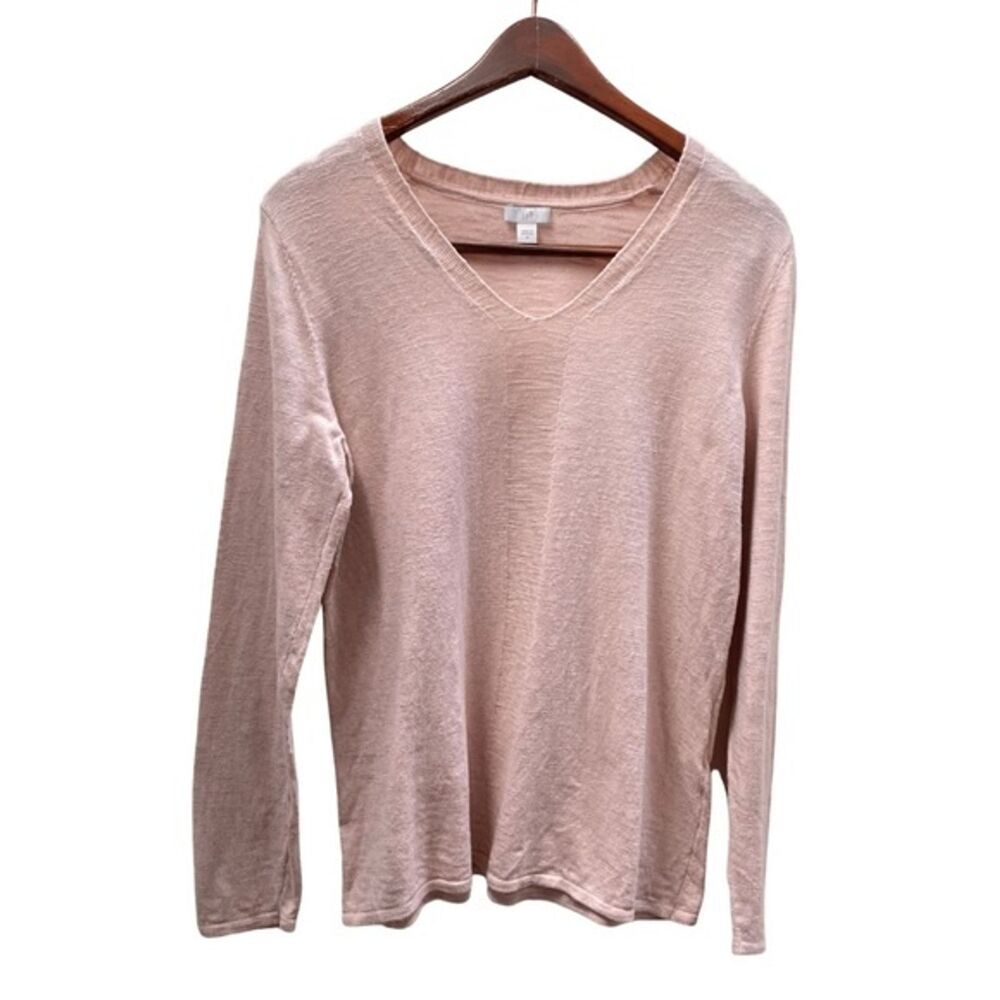 J. Jill Top Knit Soft Pink Linen Blend Top V Neck Casual Travel Coastal Women M